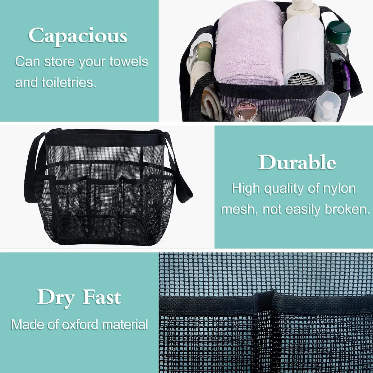 sac rangement bain voyage toilettte polyester maille transparent noir jaune rose vert blanc pratique