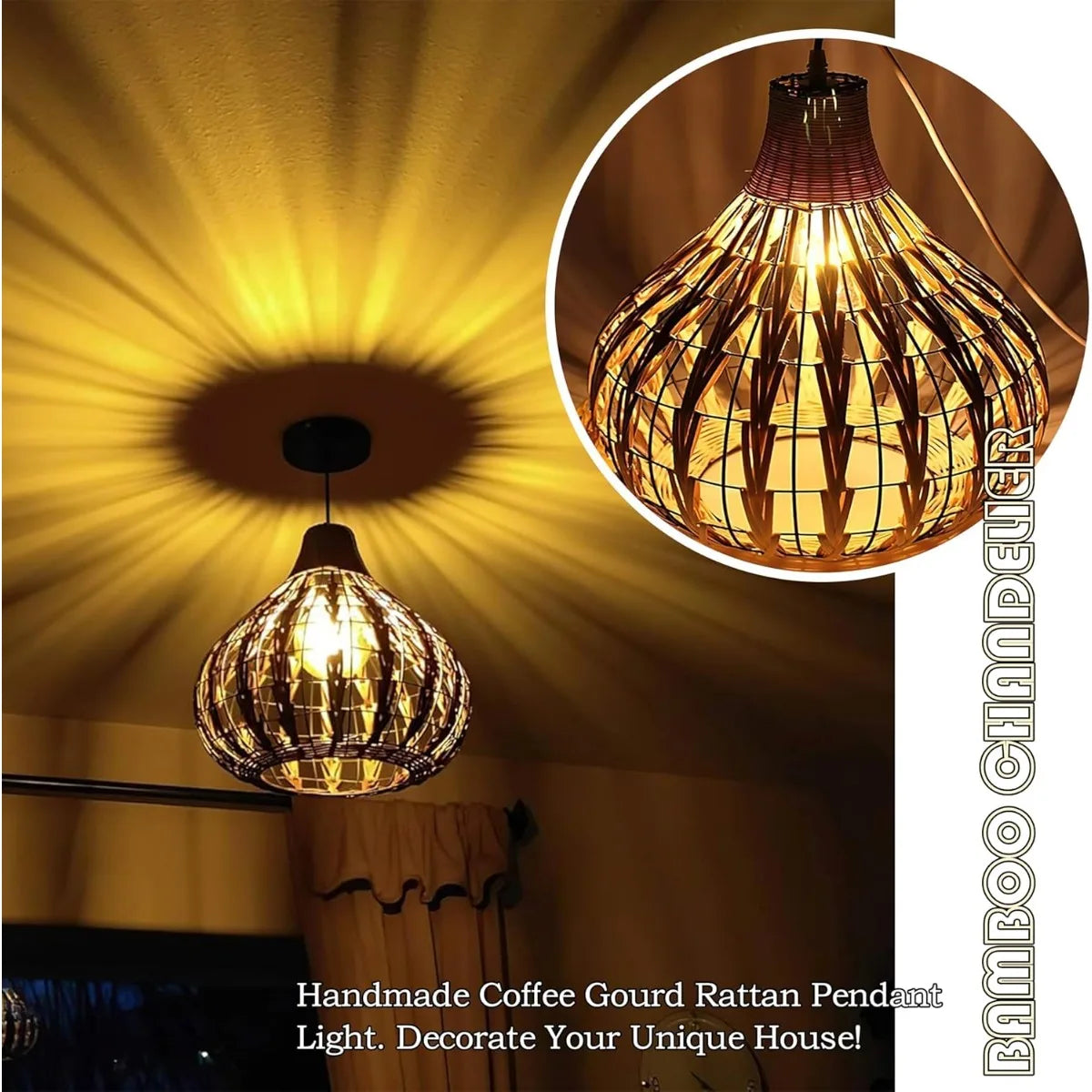 lampe suspendue tressée bambou marron clair moderne rustique salon chambre coucher 30cm 35cm