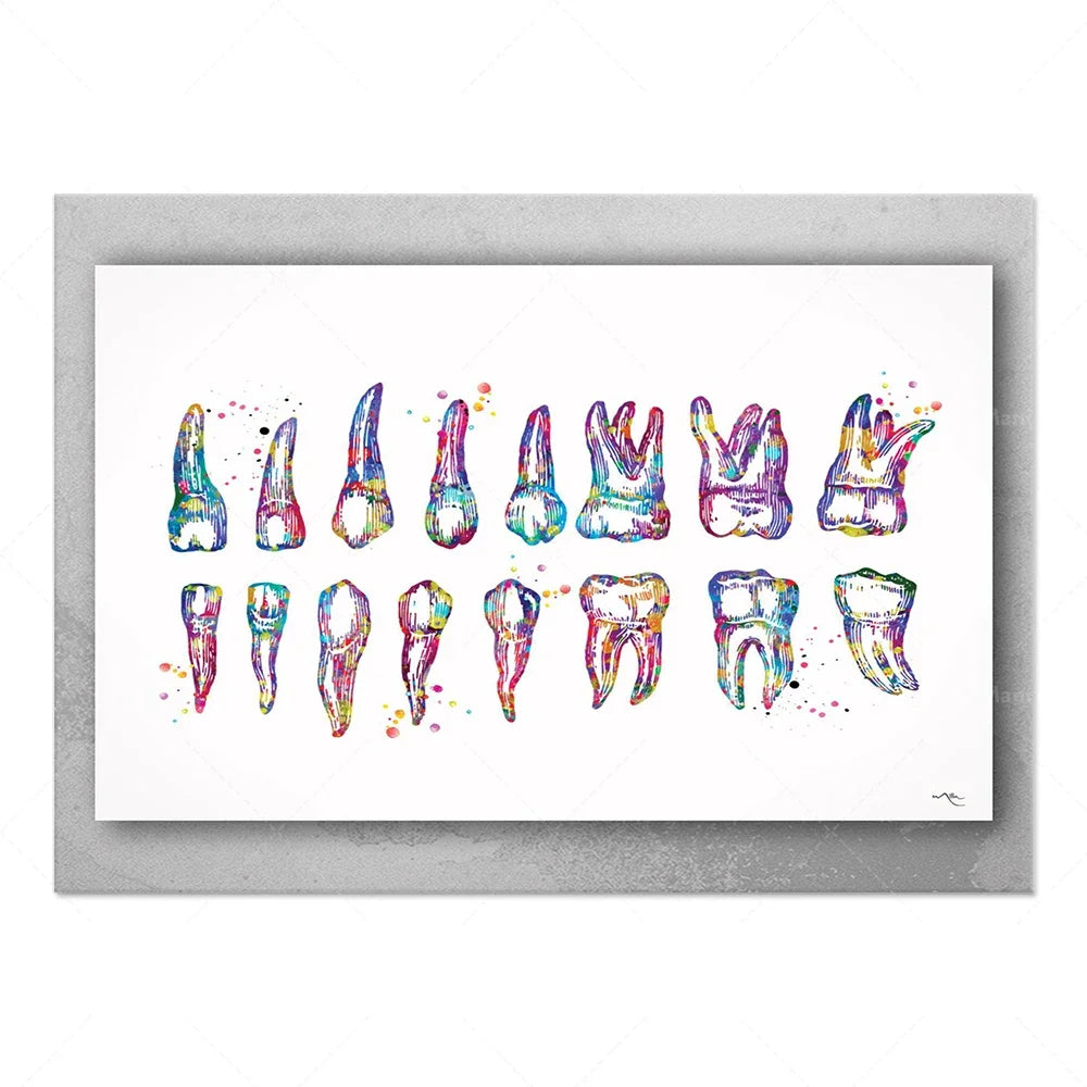 Une représentation colorée et détaillée de diverses dents, reflétant la diversité et la beauté des structures dentaires.