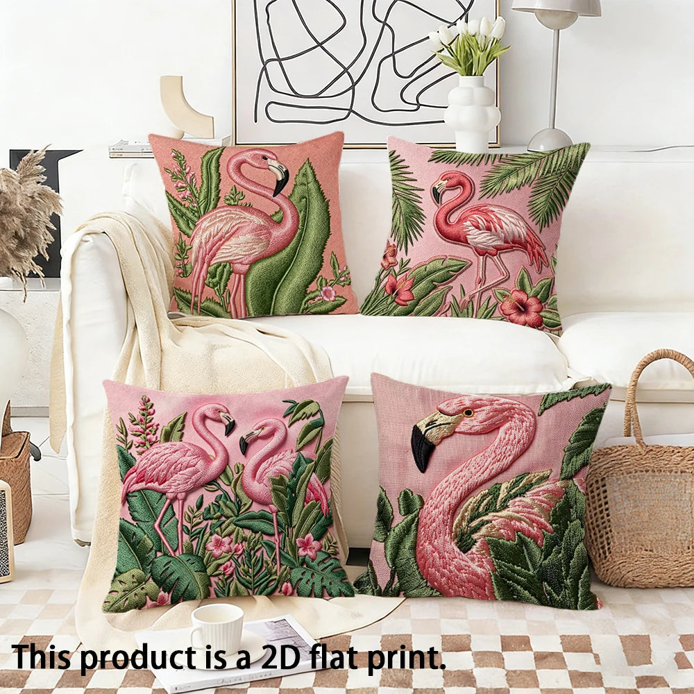 taies d'oreiller moderne flamants roses motifs floraux couleurs vives rose verte maison 45x45cm