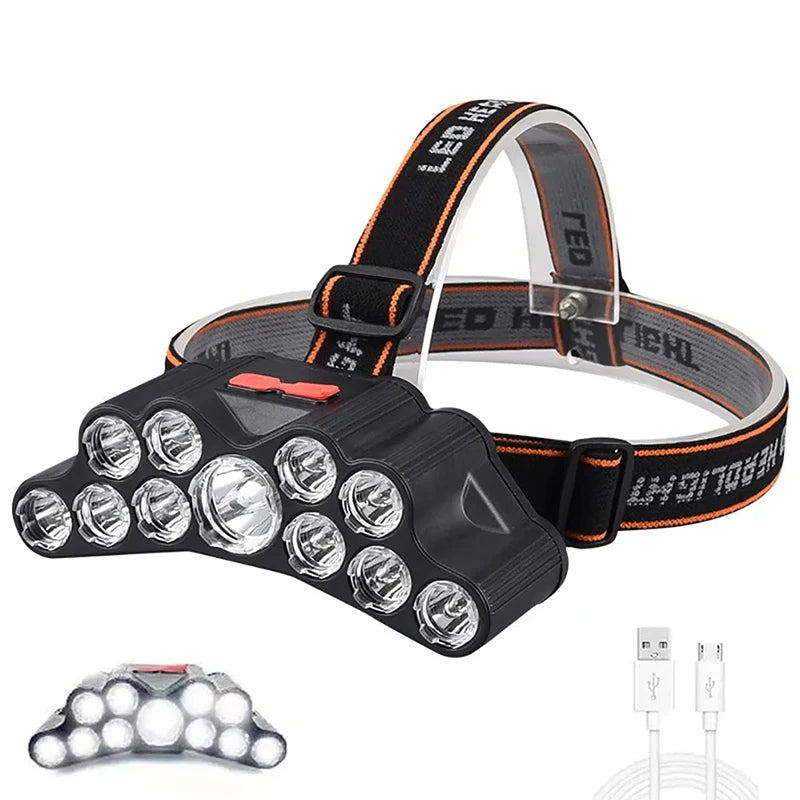 lampe frontale led rechargeable camping pêche rayures noires orange ceinture ajustable haute luminosité usb