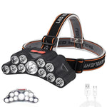 lampe frontale led rechargeable camping pêche rayures noires orange ceinture ajustable haute luminosité usb