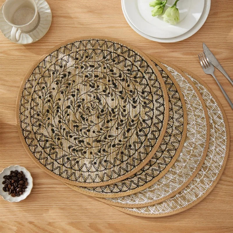tapis table rond jute motif floral beige noir rustique artisanal 38cm