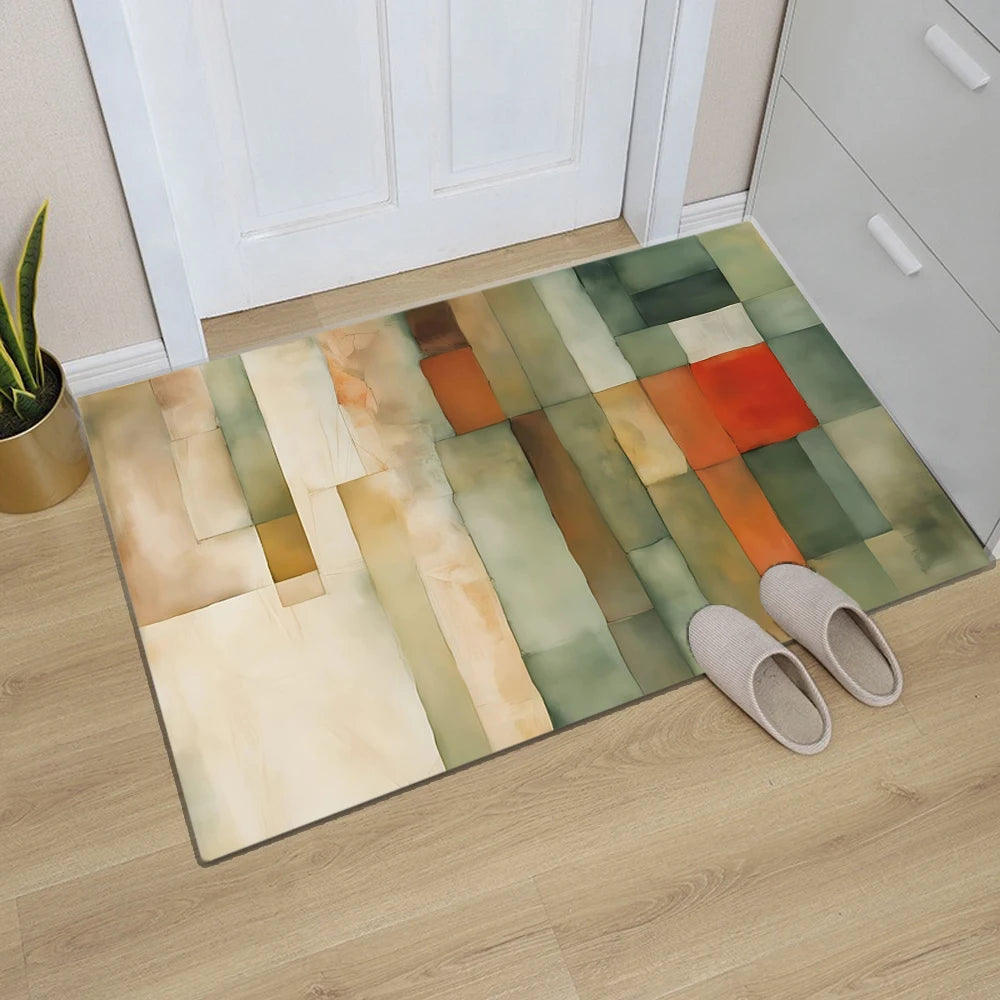 tapis géométrique abstrait moderne antidérapant entrée couleur verte beige rouge moderne