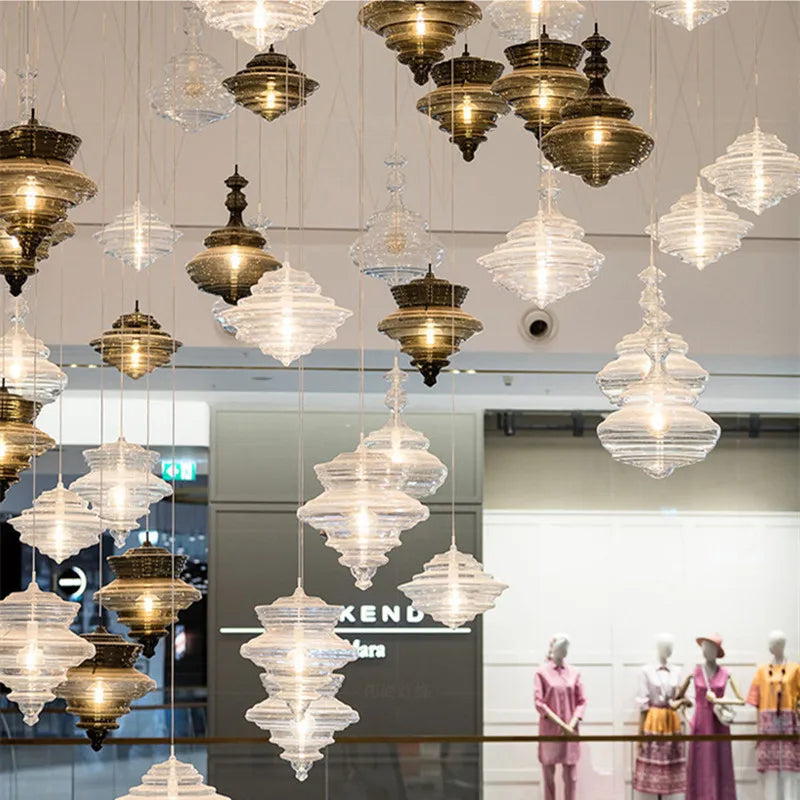 suspension lumineuse moderne verre transparent conique ampoules led blanc doré chambre salon