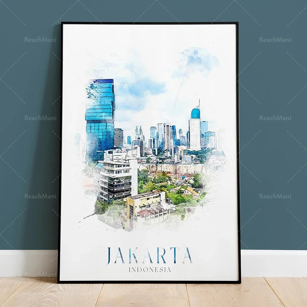 L'image montre un paysage urbain de la ville de Jakarta, en Indonésie, avec ses gratte-ciel, ses bâtiments et ses paysages verdoyants, dans un style aquarelle.