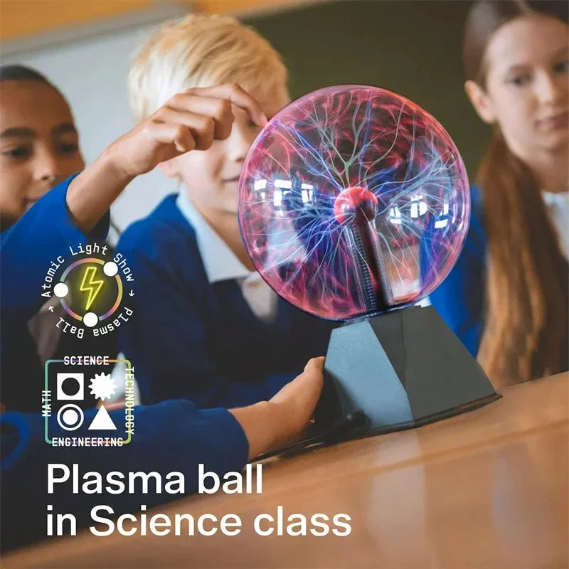 boule plasma luminescente tactile verre noir rouge bleu moderne technologie base pyramidale câble alimentation