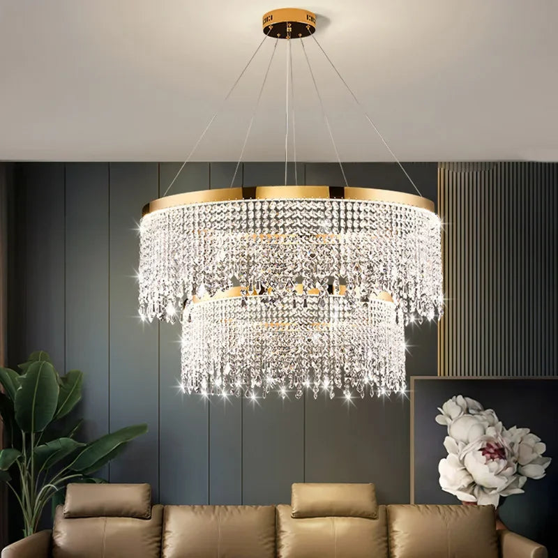 chandelier cristal moderne doré suspension cristaux prismes luxueux transparent multiples formes