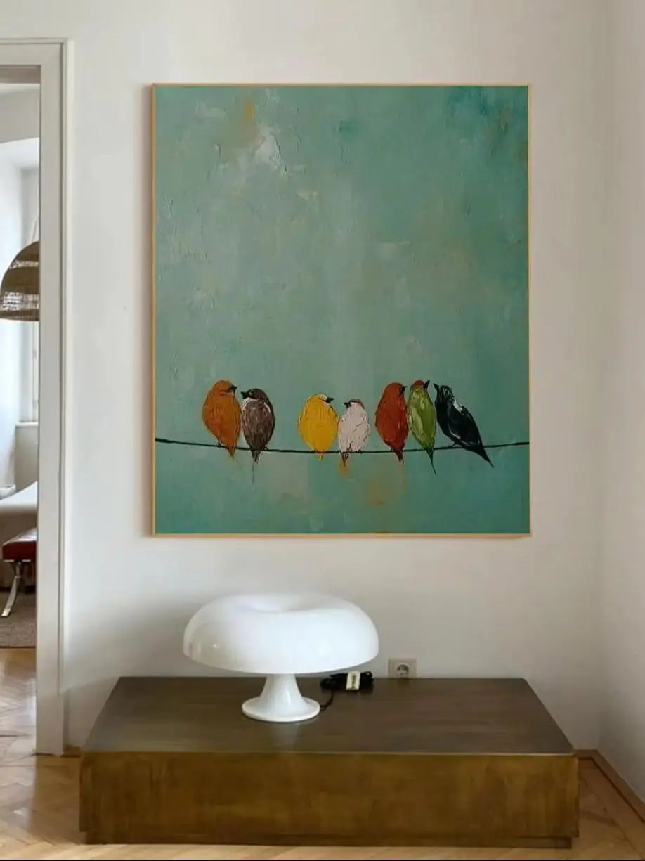 tableau abstrait oiseaux colorés moderne vert orange marron jaune blanc rouge noir doré