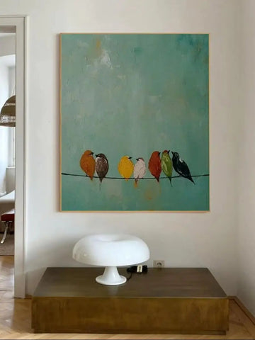 tableau abstrait oiseaux colorés moderne vert orange marron jaune blanc rouge noir doré