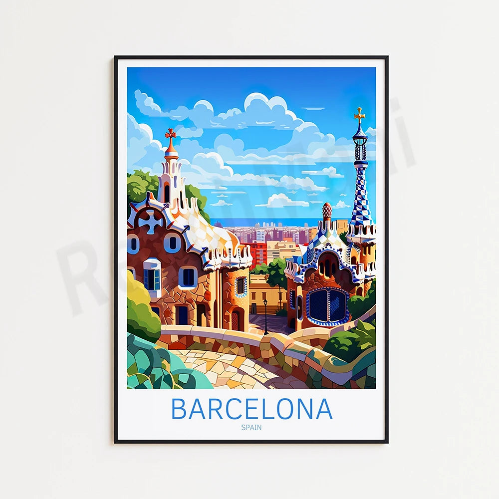 Affiche colorée et stylisée représentant l'architecture emblématique de Barcelone en Espagne, avec des toits en forme de dôme, des tours et des bâtiments caractéristiques tels que le Parc Güell.