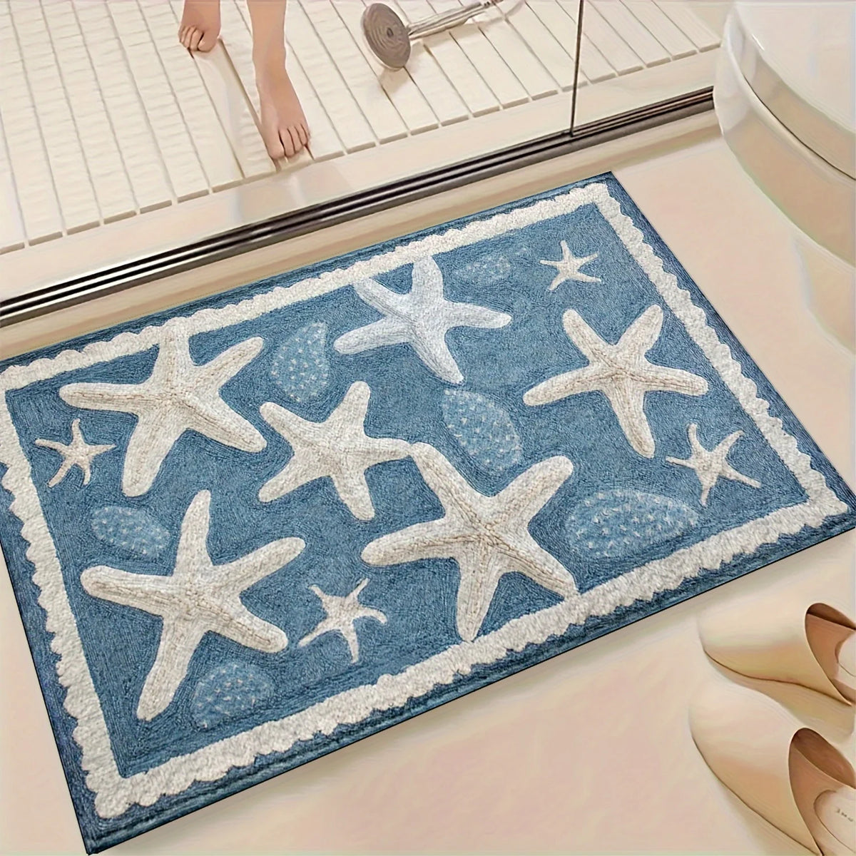 tapis sol salle bain océan bleu étoiles mer coquillages bordure dentelée non glissant moderne