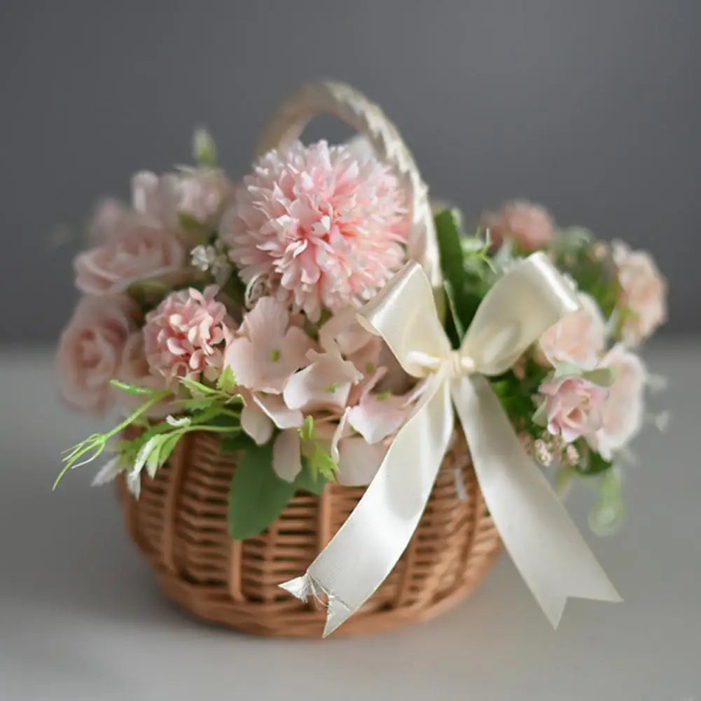 panier rotin tressé traditionnel beige clair poignée ruban blanc stockage rangement utilisation multipleDecorationFleurs
