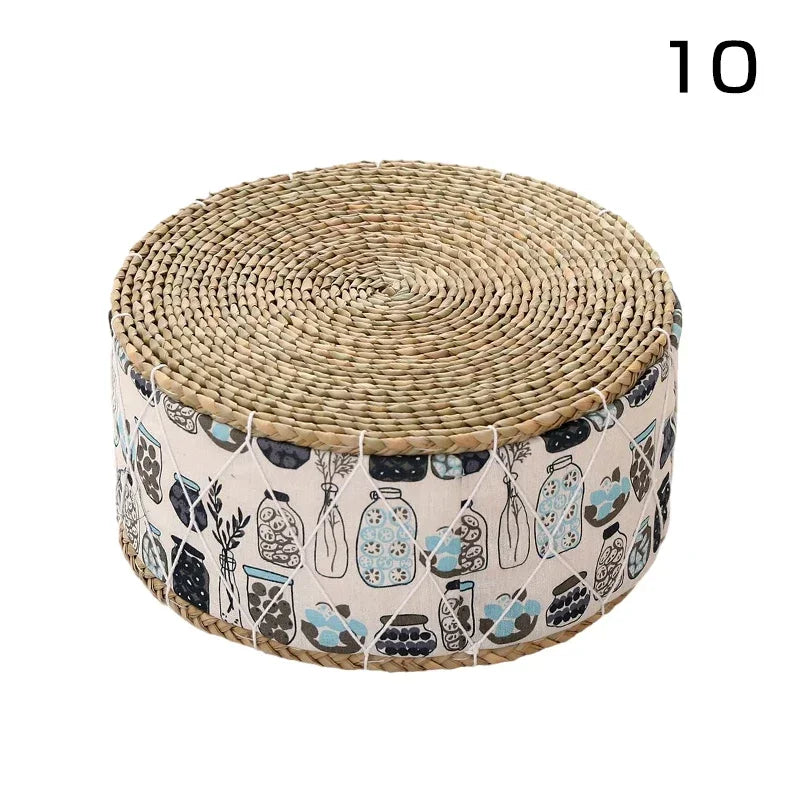 coussin futon rond tissé motifs géométriques beige bleu marine blanc boho rustique