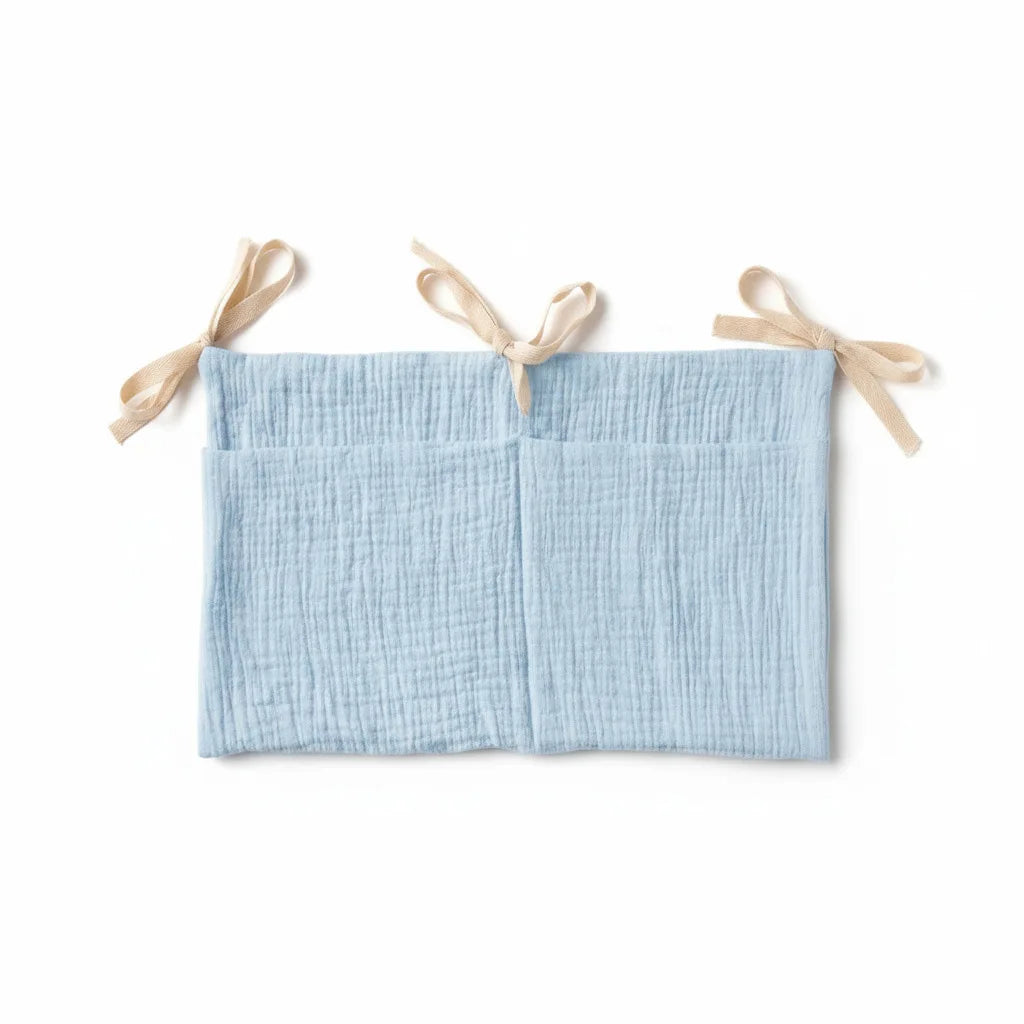 sac rangement lit bébé coton beige bleu rose simple rubans sécurité