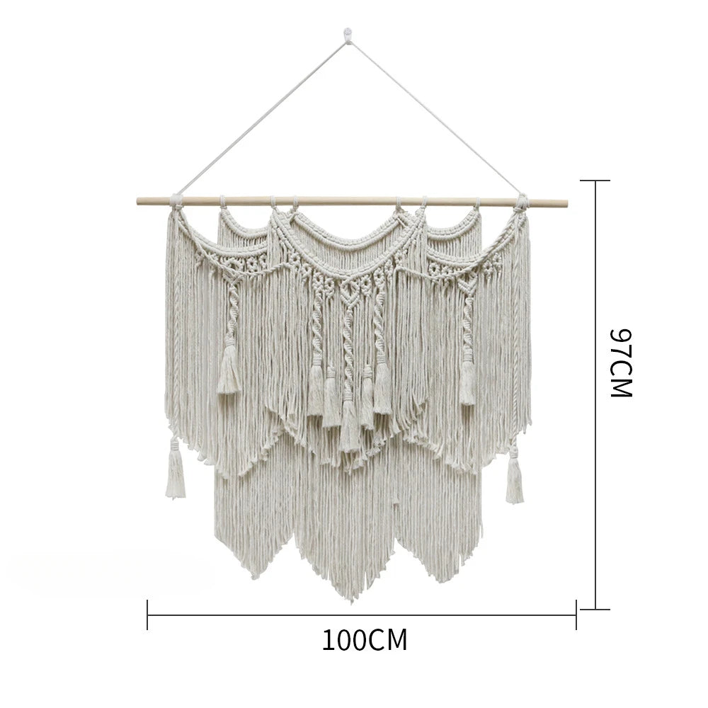 tapisserie macramé géométrique franges bohème décoration murale øllets beige clair