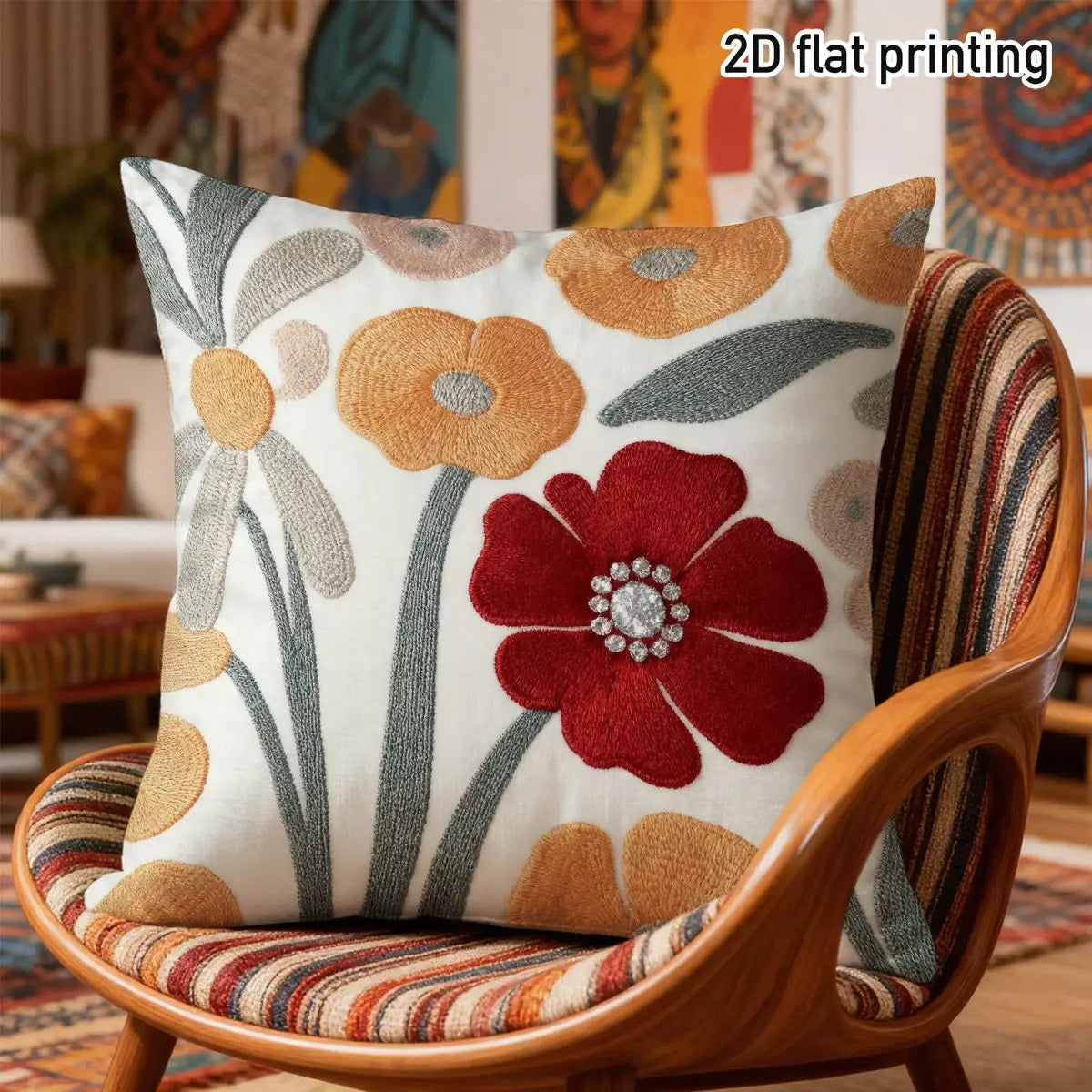 housse coussin décoratif motif floral brodée blanc rouge orange gris bohème rustiqueintérieur salon canapé
