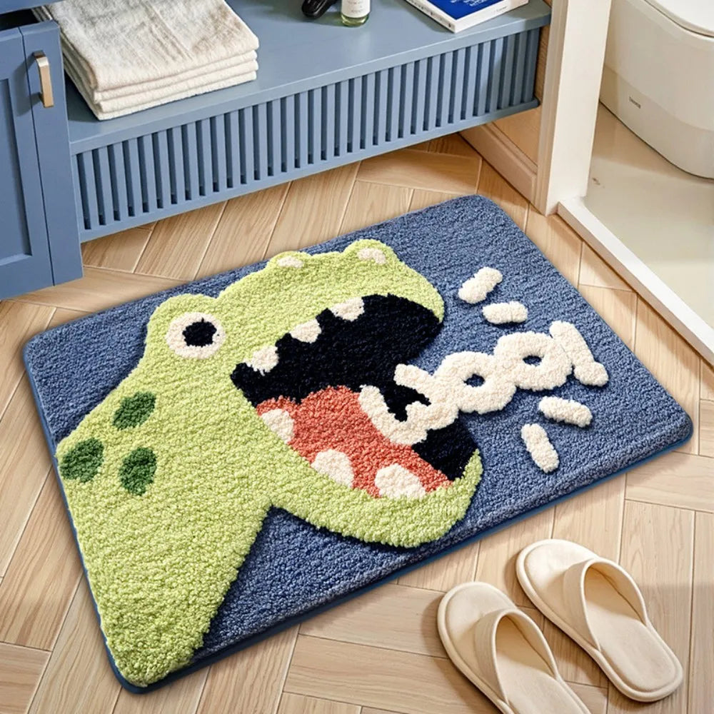 tapis bain antidérapant dessin animé pelucheux vert bleu gris orangé cartoon doux salon chambre