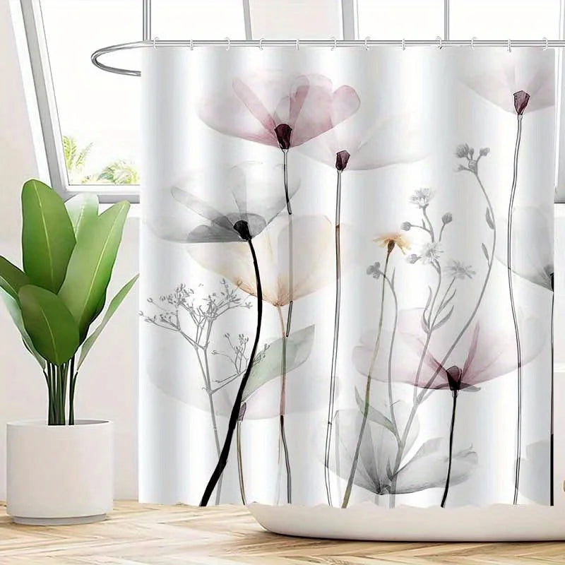 rideau douche polyester moderne fleurs stylisées feuilles pastel washable élégant