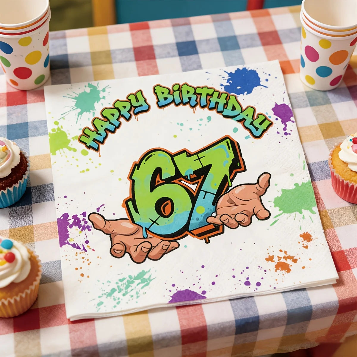 serviettes festives graphiques happy birthday 67 lettres multicolores taches peinture blanc vert bleu orange