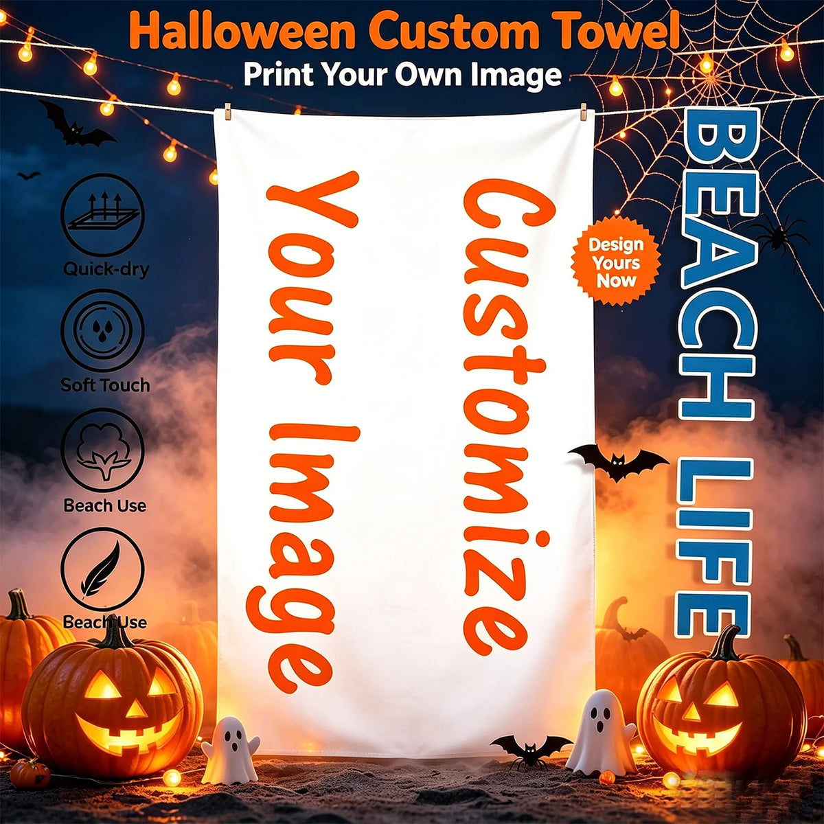 serviette personnalisable halloween chauvesouris fantomes citrouilles blanc moderne rapide machine
