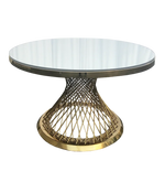 table moderne élégante or blanc verre transparent structure métal doré geometrique haute qualité durable