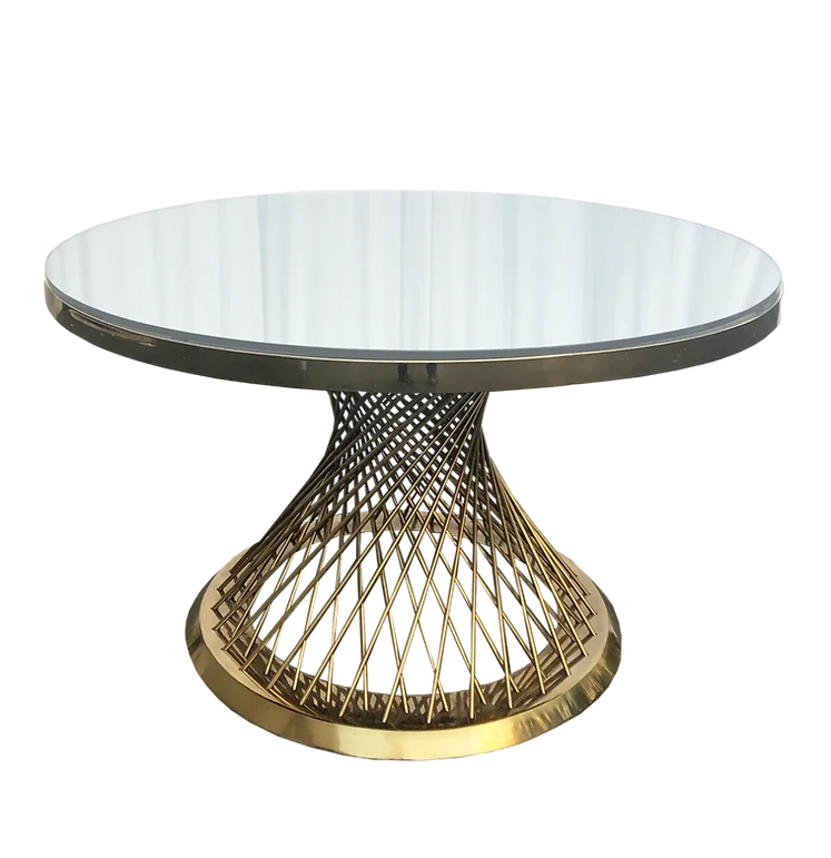 table moderne élégante or blanc verre transparent structure métal doré geometrique haute qualité durable