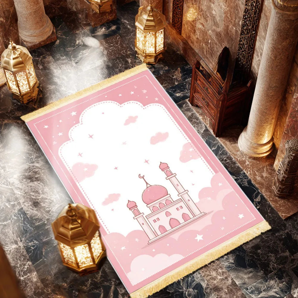 tapis prière islamique rose mosquée nuages étoiles polyester vinyle résistant décoration moderne usage multipleextérieurintérieur
