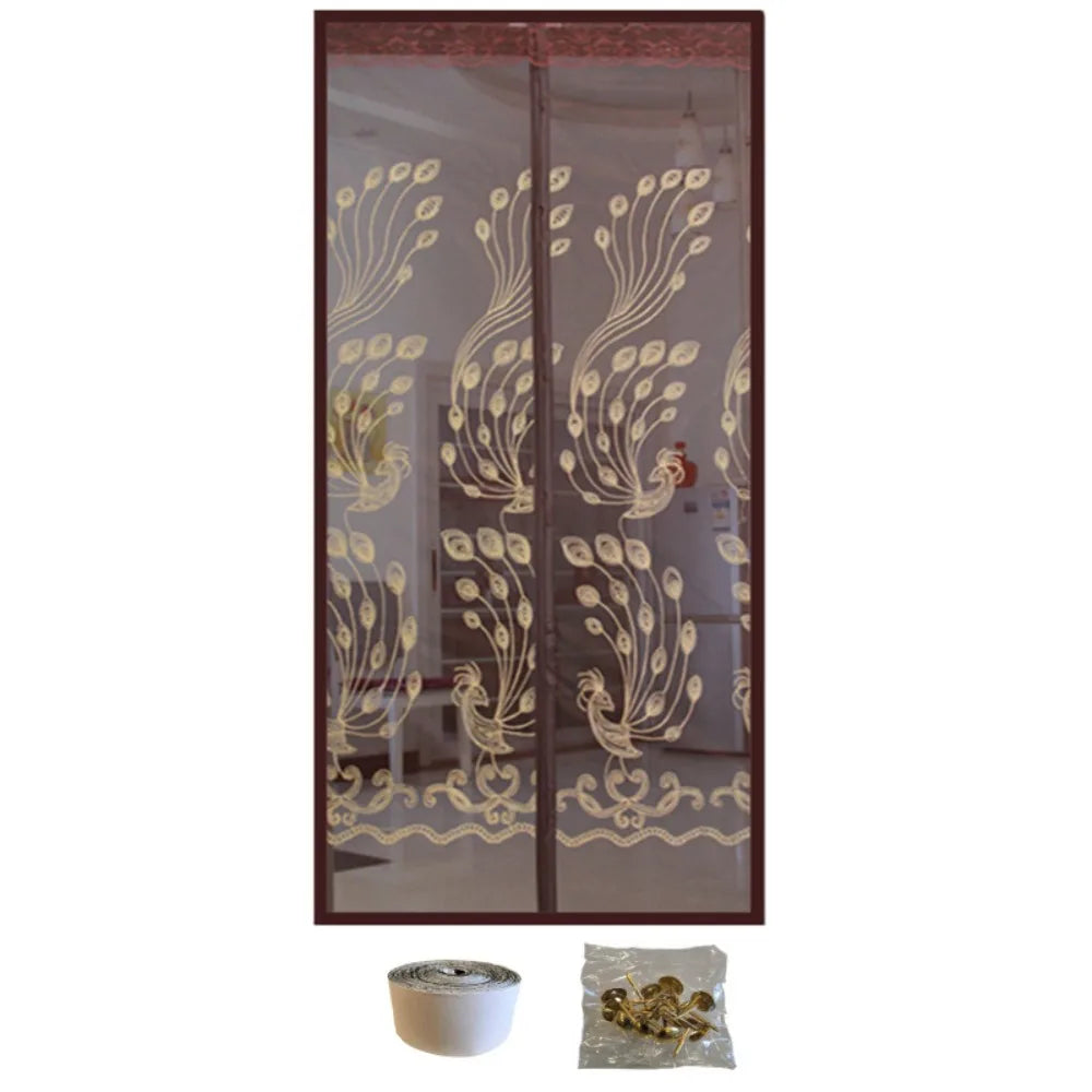 rideau porte moderne gris translucide fleurs dorées motifs géométriques bien ventilé anti insectes