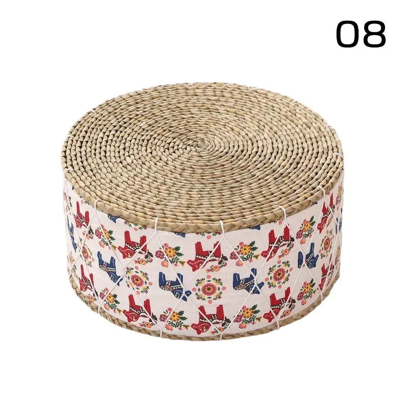 coussin futon rond tissé motifs géométriques beige bleu marine blanc boho rustique