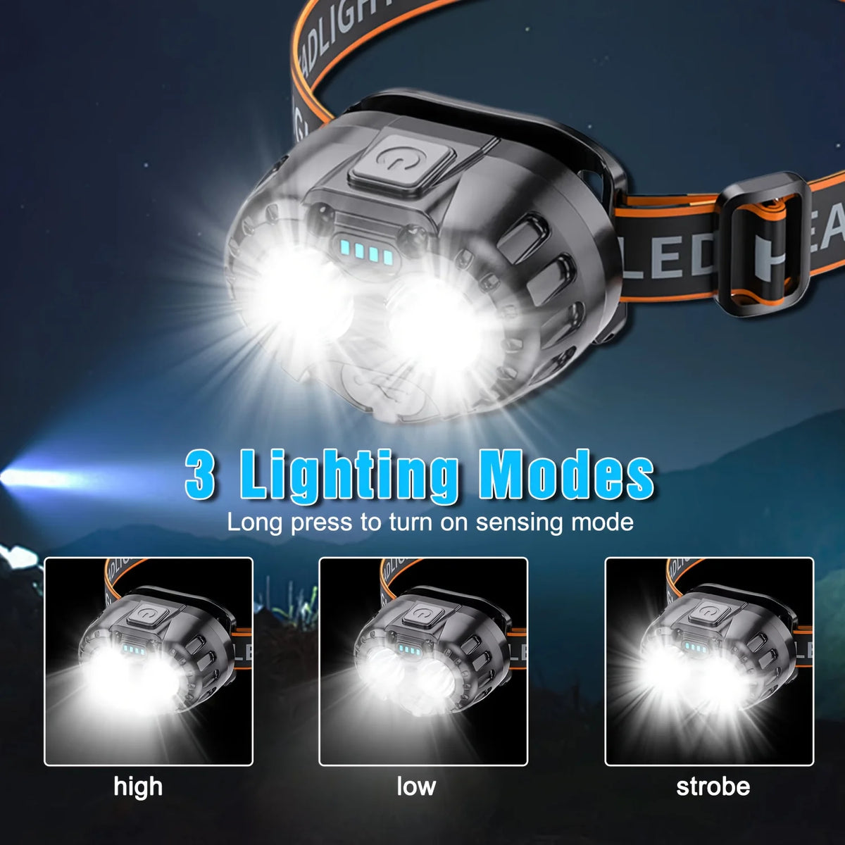 lampe frontale rechargeable led noir orange boutons molette ceinture ajustable mode pratiqueurgence étanche