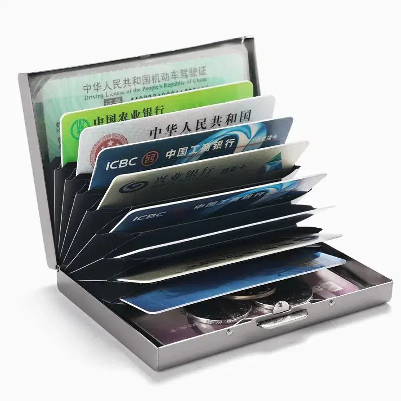 porte cartes acier inoxydable or argent 10 slots anti vol moderne clips