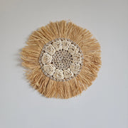 miroir décoration murale bohème coquillages raffia franges motifs floraux artisanalintérieur ethnique naturel