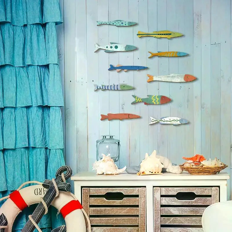 décoration murale artisanale poissons océan bleu vert orange zigzag marin adhésif salle bain maison