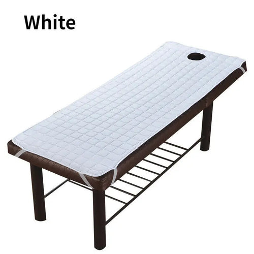 matelas massage professionnel coussin tête motif carreaux bleu marine spa salon beauté