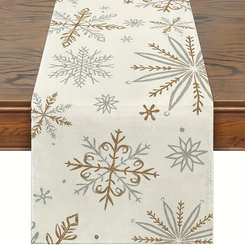 nappe table hiver flocons neige beige argenté doré decorations noel branches stylisees festive