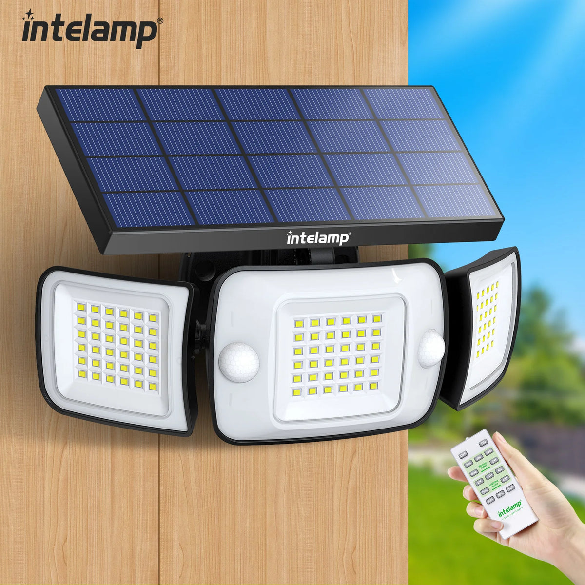 lampe solaire moderne panneaux solaires bleus deux capteurs mouvement ip65 led jaunes autonomes