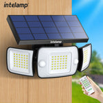 lampe solaire moderne panneaux solaires bleus deux capteurs mouvement ip65 led jaunes autonomes