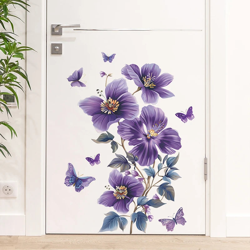 autocollants muraux papillons fleurs violets bleus dorés décoration intérieure réaliste chambre salon