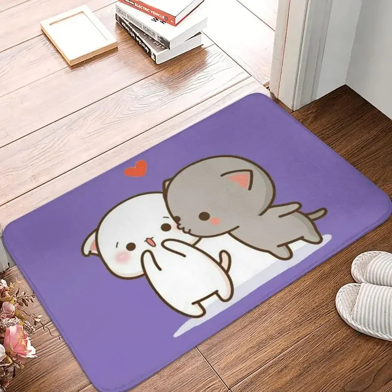 tapis sol moderne motif chat mignon mangeant nouilles rose gris blanc intérieur extérieur