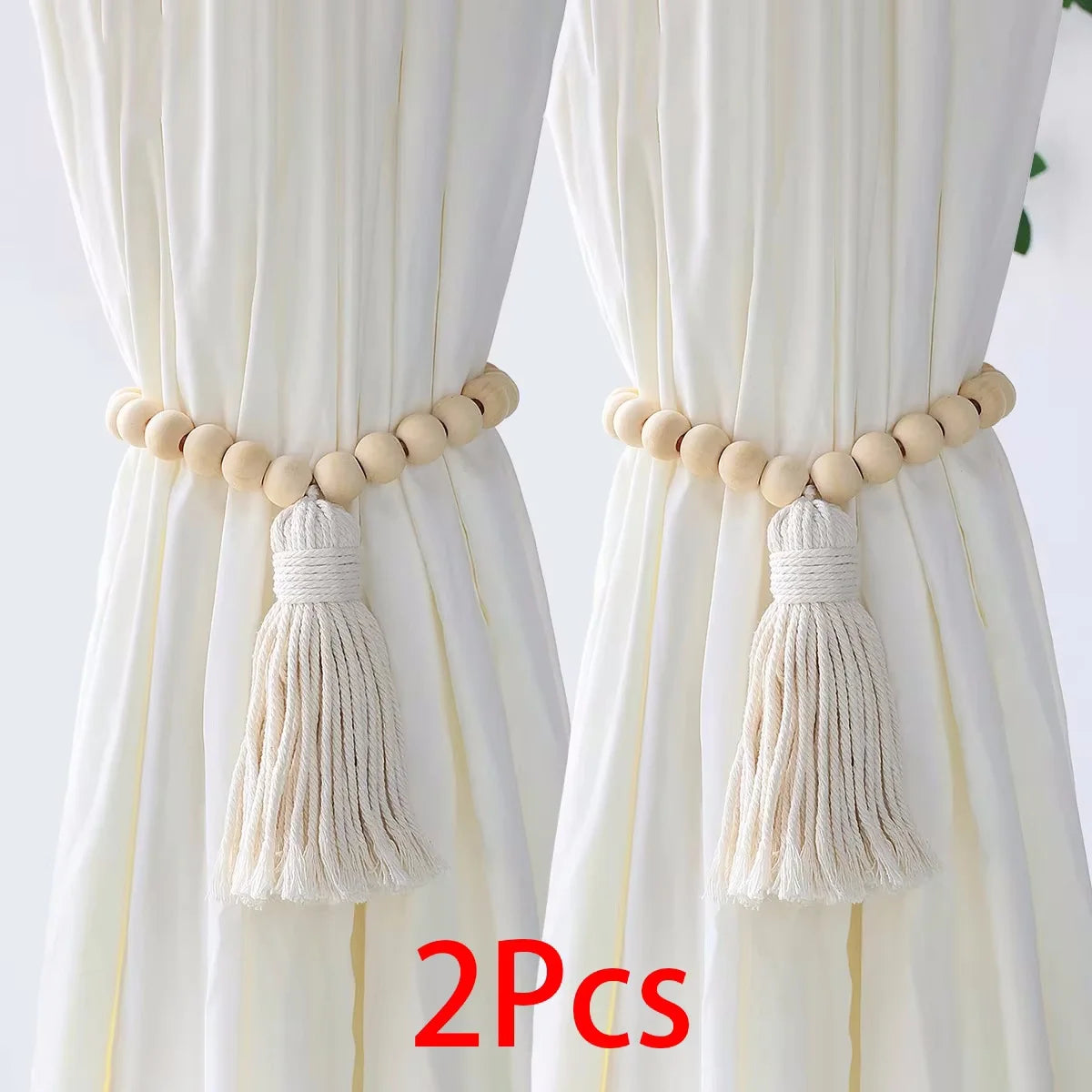 rideau polonais boho blanc rayures jaunes bois pompons adhésif coton moderne