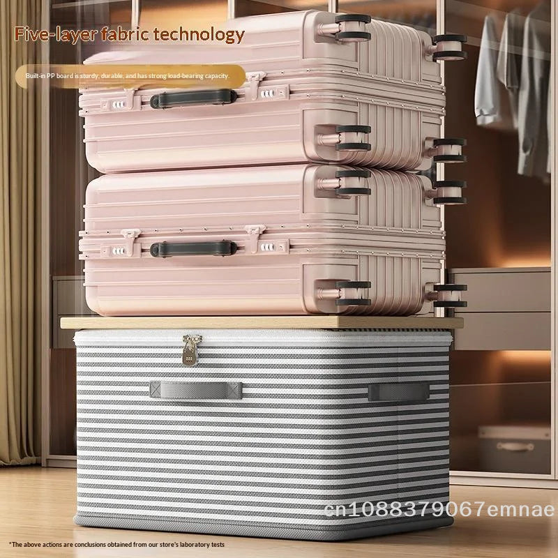boîtes rangement gris moderne rayures horizontales poignées anti poussière organisation placard voyage literie