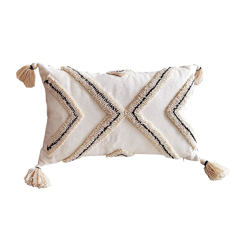 coussin carré boho blanc motif géométrique noir tassel brodé anti décubitus polyester