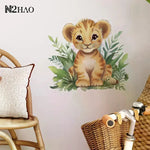 sticker mural lionceau illustration cartoon orange beige vert adhésif chambre enfant salon decoration maison