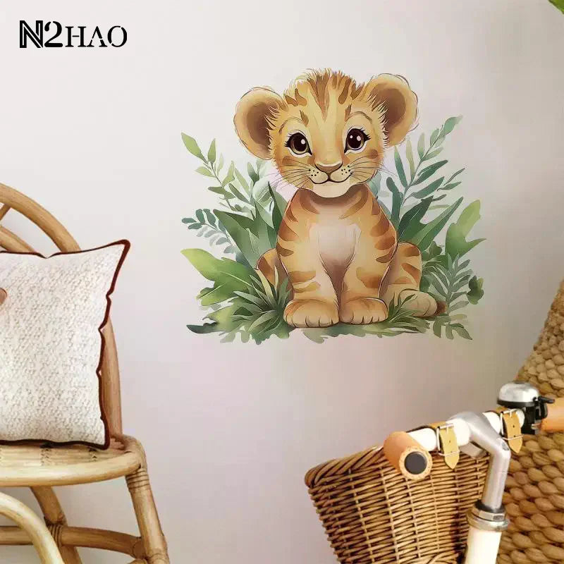 sticker mural lionceau illustration cartoon orange beige vert adhésif chambre enfant salon decoration maison