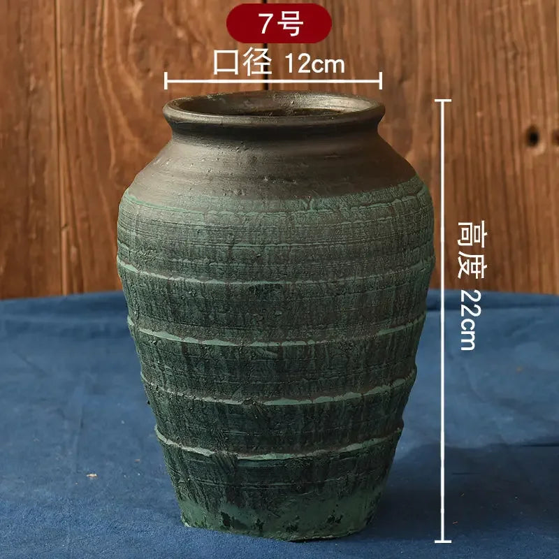 vase chinois céramique rayures ethniques fleurs artificielles vert bleu marron gris salon decoration