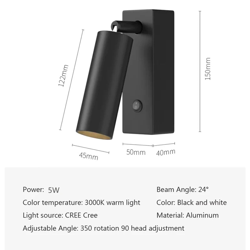 lampe murale orientable moderne noir blanc 5W LED 3000K chambre entrée