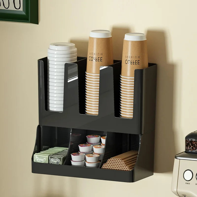 rangements mural noir gobelets carton sucre pots lait pailles salon durable écologique