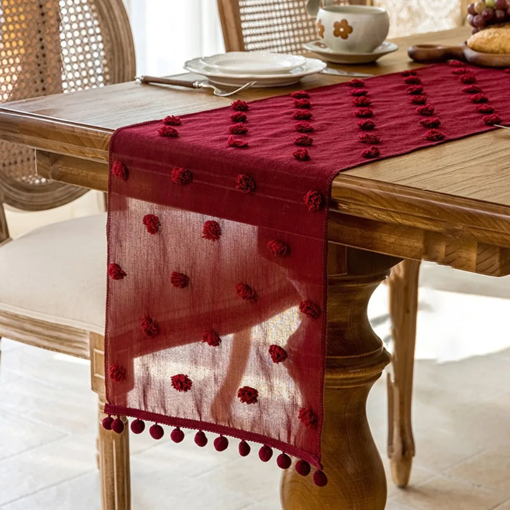 table cuisine nappe rose blanche rouge pompons décorative rustique imperméable machine festive noël pâques