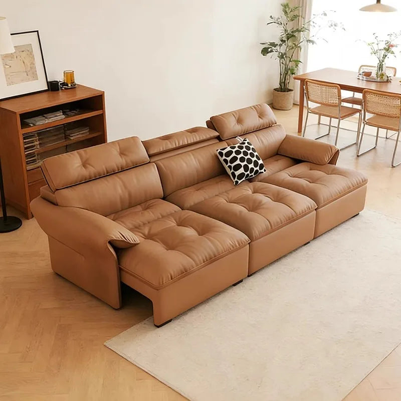 canapé d'angle simili cuir marron clair moderne 255cm longueur inclinable coussin décoratif